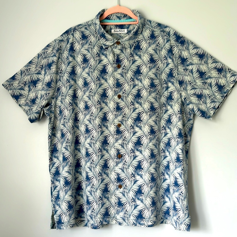 NWOT Men's Tommy Bahama Hawaiian Shirt Blue & White Palm Leaf 100% Silk XXL/TTG